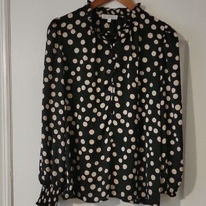 Blousology Black Polka Dot Blouse Tie Neck Long Sleeve Size L